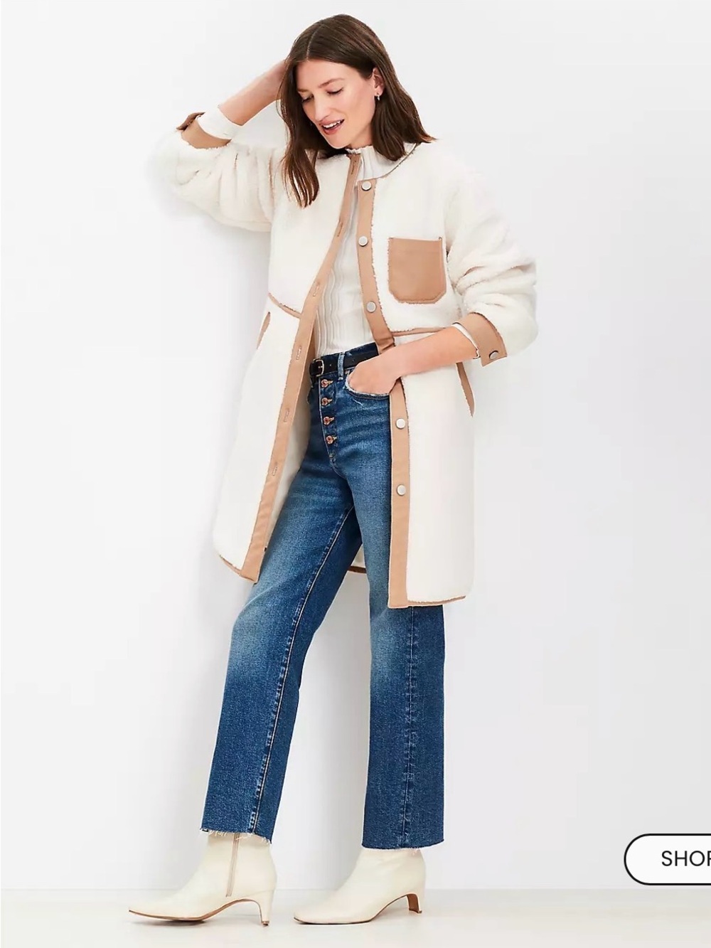 LOFT Cream Sherpa Coat with Tan Trim